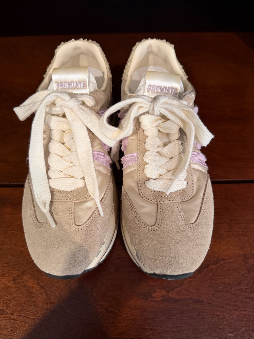 Premiata Kids Beige Sneakers with Pink Stripe Accents